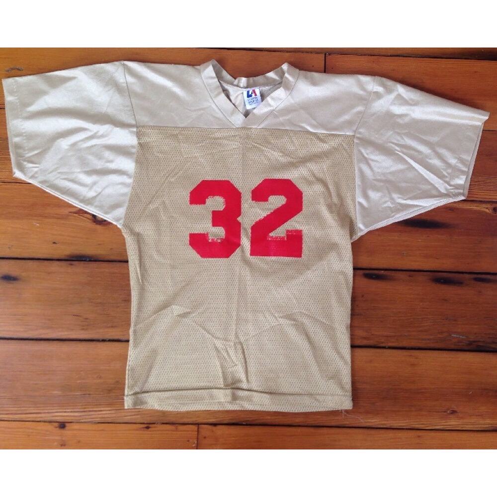 Vtg Universal Athletics Shiny Nylon Gold Red #32 Mesh Football Shirt 37" USA S